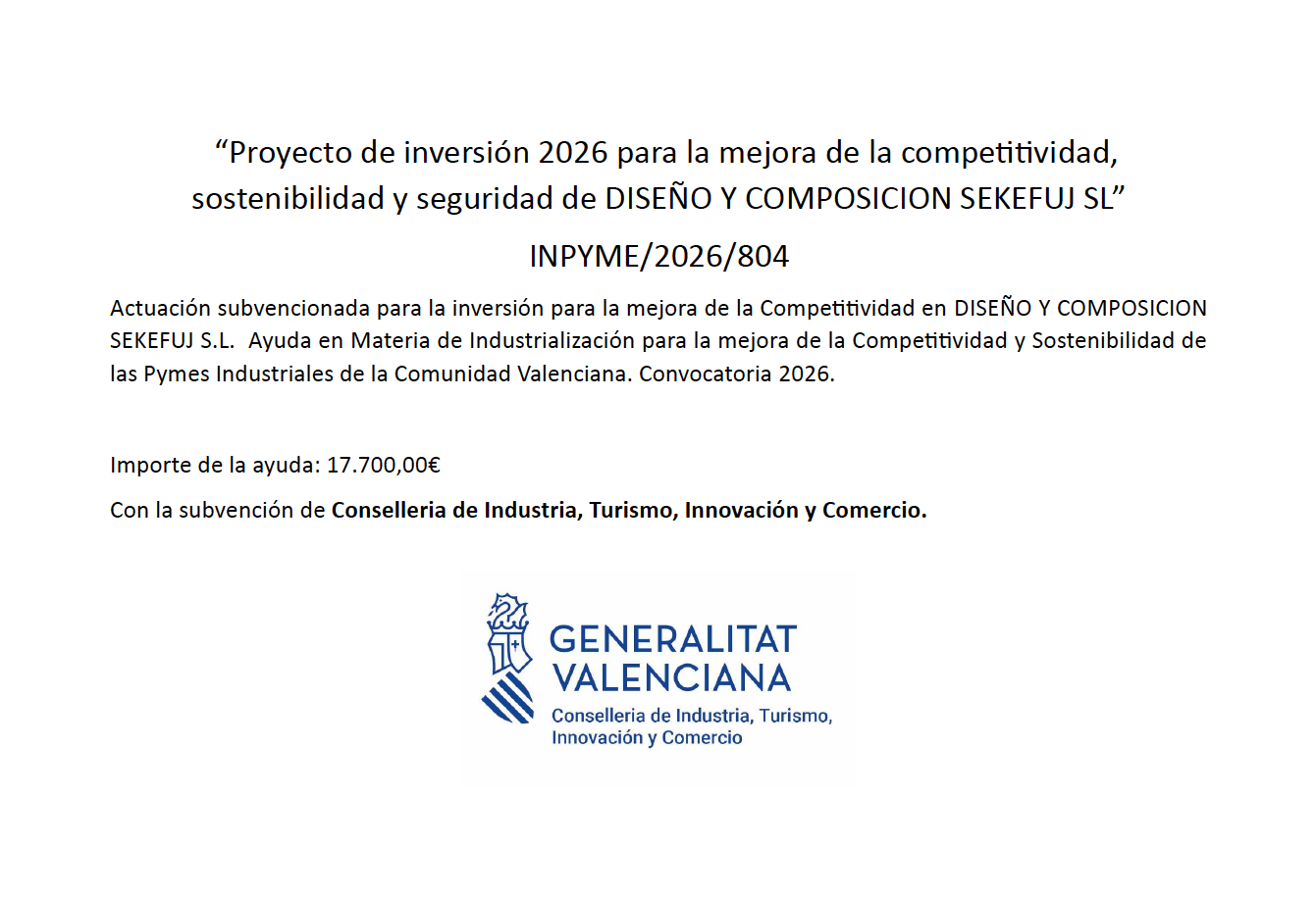Acreditación Subvención Generalitat Valenciana INPYME 2026
